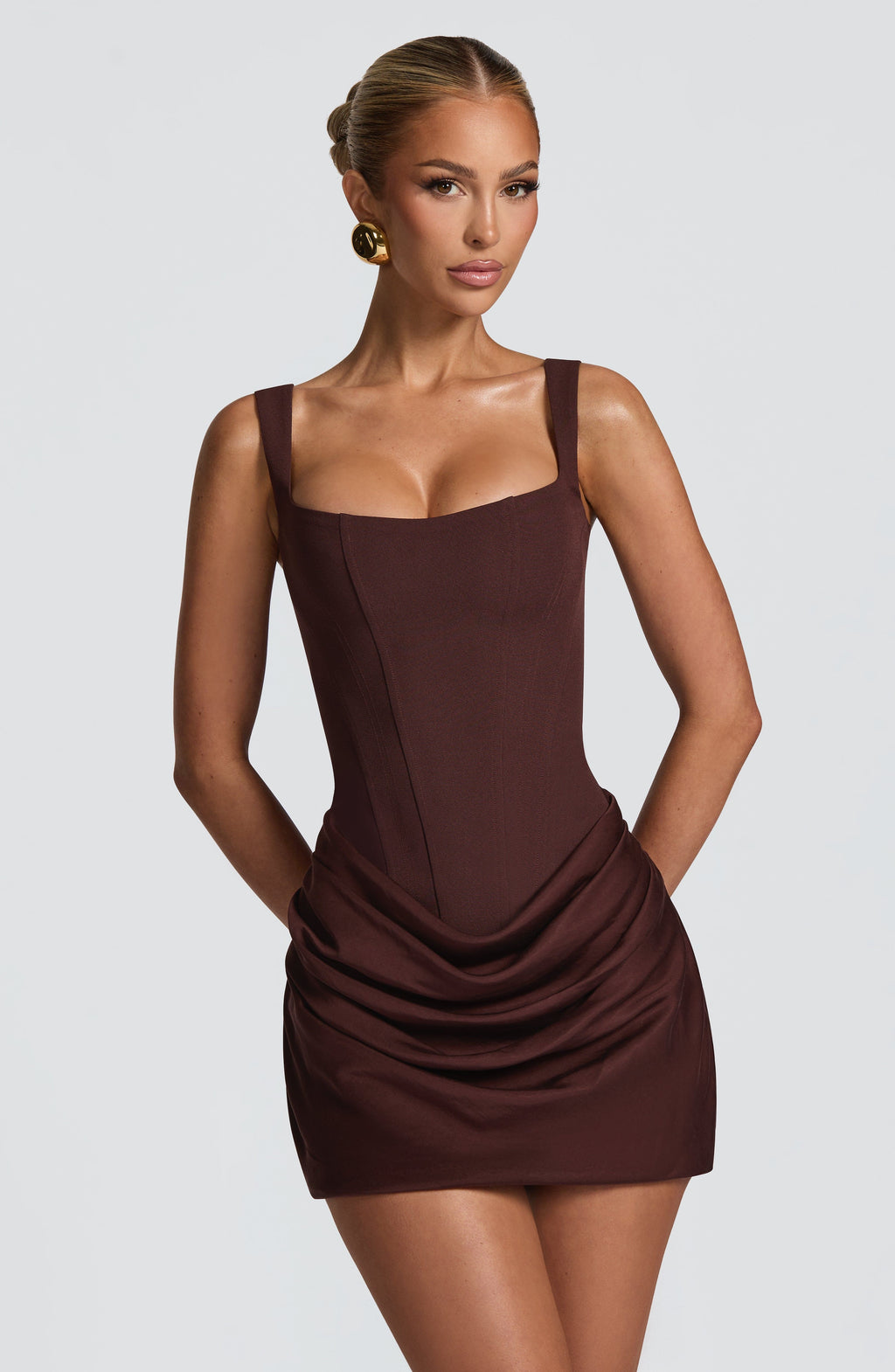 Regina™ - Vestido Mini en Crêpe y Lyocell Marrón Ciruela Position 1
