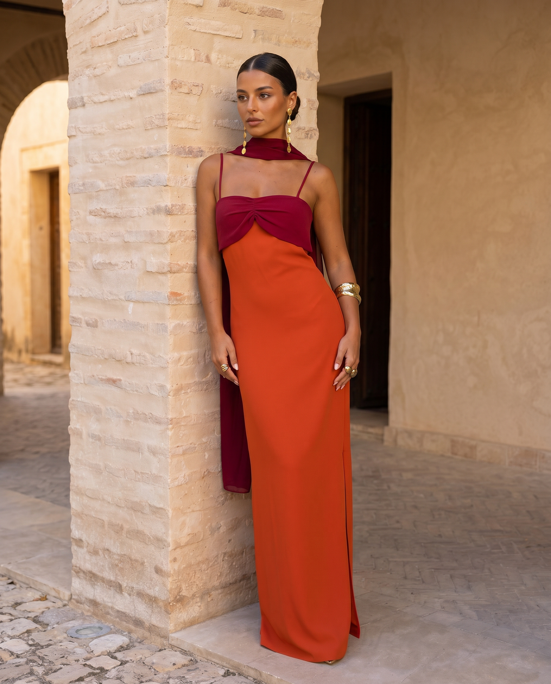 Zahara | Vestido en naranja con escote en rojo Position 3
