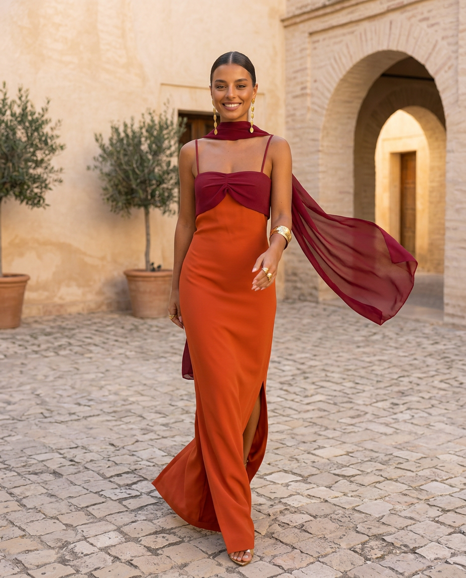 Zahara | Vestido en naranja con escote en rojo Position 2