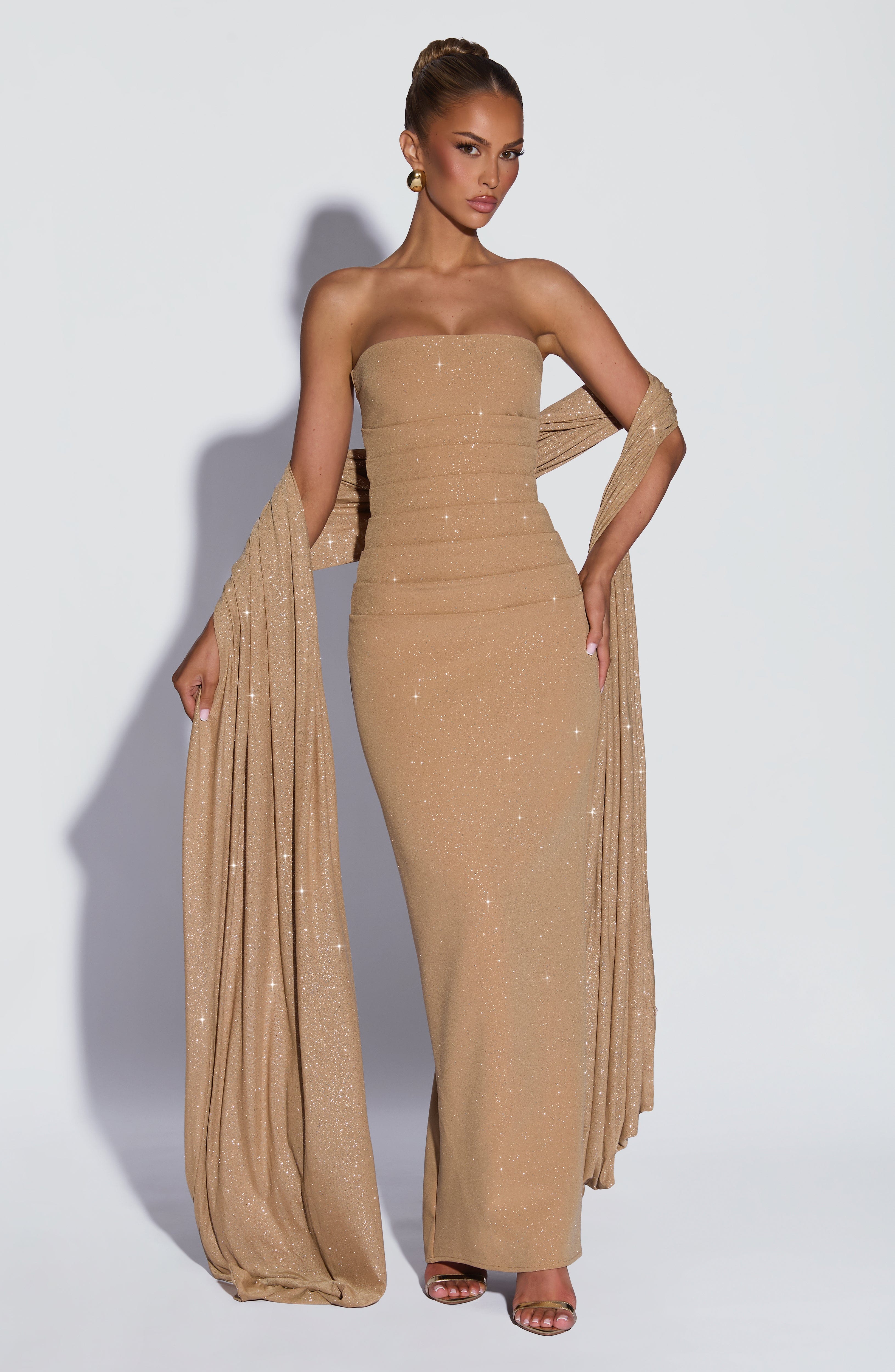 Isabella™ - Vestido de Gala en Crêpe Oro Luminoso Position 2
